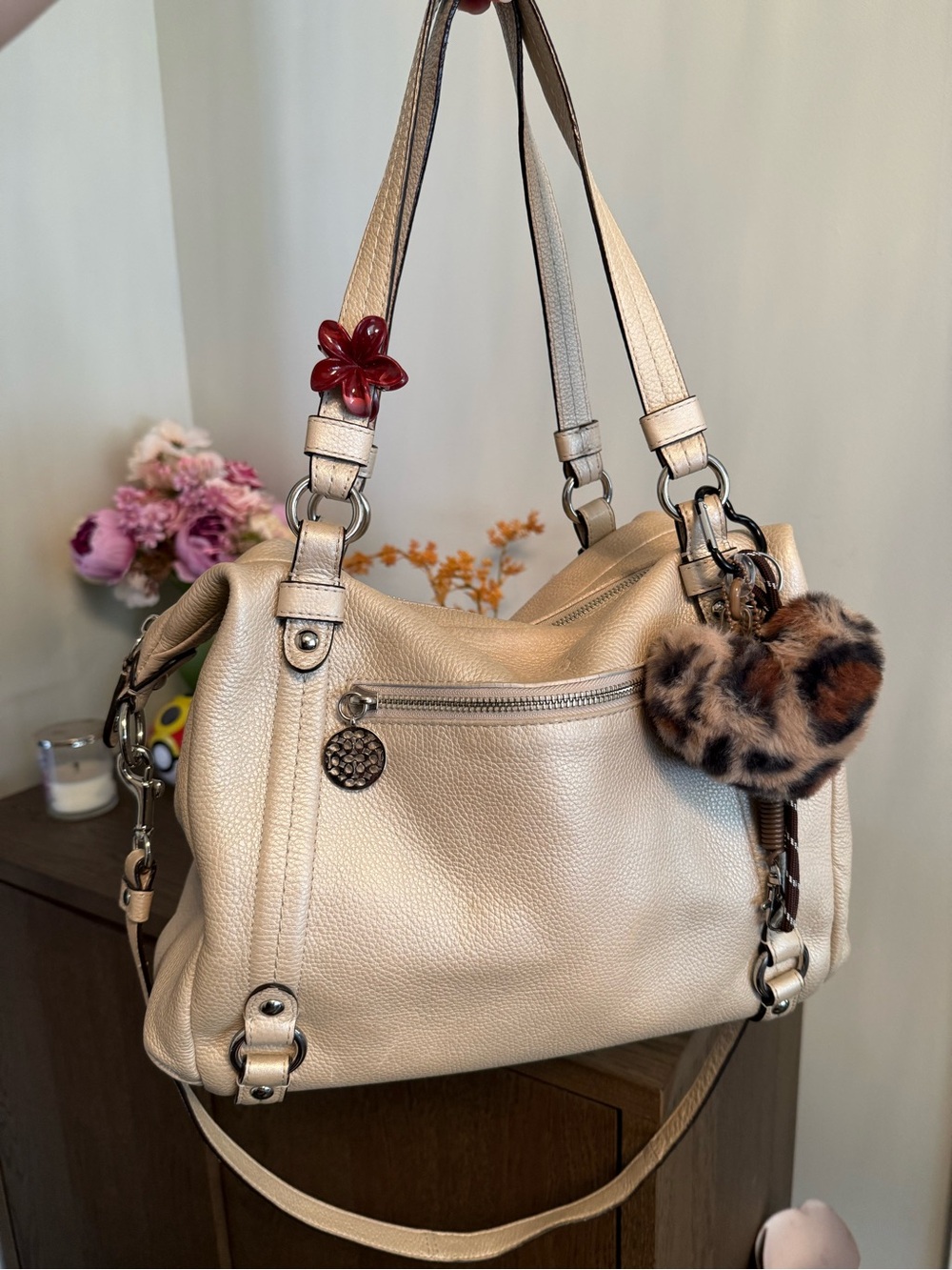 Coach Cream Leather Tote Bag with Leopard Pom Charm